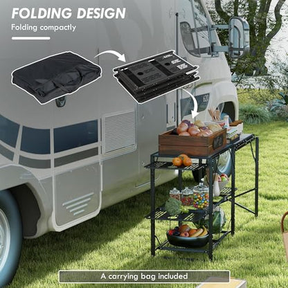 Outsunny Folding Camp Kitchen Table, Portable Camping Cooking Station with Adjustable Lantern Holder, Hanging Hooks and Carrying Bag for Outdoor Picnic Beach BBQ Traveling