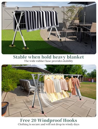95 Inches Heavy-Duty Stainless Steel Folding Clothes Drying Rack Clothing Indoor Outdoor Anti-Rust 20 Windproof Hooks Portable & Foldable Laundry Rack (95'') - size: 95''