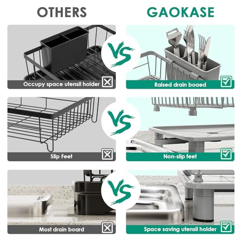 GAOKASE Dish Drying Rack, Stainless Steel-Dish Rack, Dish Racks for Kitchen Counter, Kitchen Dish Drainers with Removable Utensil Holder,New Drain Outlet,Plate Rack and Drainboard,(gray-11 W x 15" L) - color: Gray