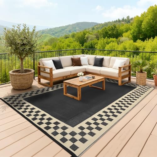 Garvee Outdoor Rug 10x14 Waterproof Fade-Proof Reversible Patio Rug Modern Neutral Outdoor Carpet, Plastic Straw Weather Resistant Large Camping Carpet for Garden Backyard Balcony, Black & Beige - color: Black & Beige, size: 10' x 14' (Rectangular)