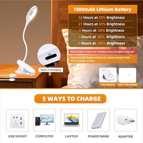 Akynite Desk Lamp LED Clip on Light, 5 Modes 5 Brightness Dimmable Clamp Lamp, Flexible Rechargeable Battery Clip on Reading Light for Bed Headboard Bunk Bed at Night for Kids (White) - color: White