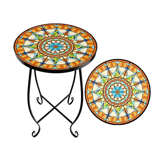 Mosaic Outdoor Side Table Round, 15 Inch Height - Small Patio Table, Foldable Sun Pattern Metal Plant Stand for Garden, Balcony, Porch & Camping - color: Sunburst
