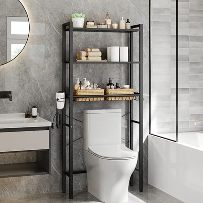 VASAGLE BARNET Collection - Over the Toilet Storage, Over Toilet Bathroom Organizer with Adjustable Shelves and Basket, 3 Hooks, Space Saving, 9.4 x 23.6 x 63 Inches, Ebony Black UBTS113BE01S - color: Ebony Black, style: 3 Tiers (63" H)