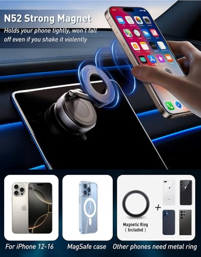 Magnetic Suction Cup Phone Mount for Magsafe | 360° Adjustable, Pocket Size Foldable, Car Mount, iPhone 17 16 15 14 13 12 Series