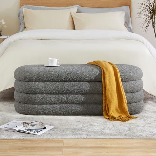 Busaurus Storage Ottoman Bench 49.2 Inch Upholstered Fabric Storage Bench for Bedroom End of Bed Aesthetic Large Oval Ottoman for Living Room(Grey) - color: Light Grey