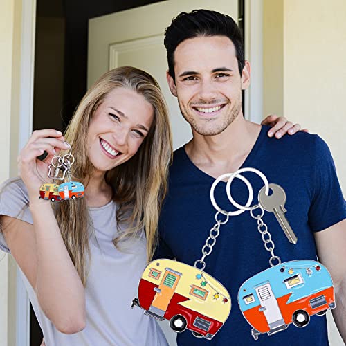 Thinp 2 Pieces Camper Keychain, RV Camper Keyring Accessories for Travel Trailers Enameled Metal Retro Camping Car Keychain - color: Blue+brown