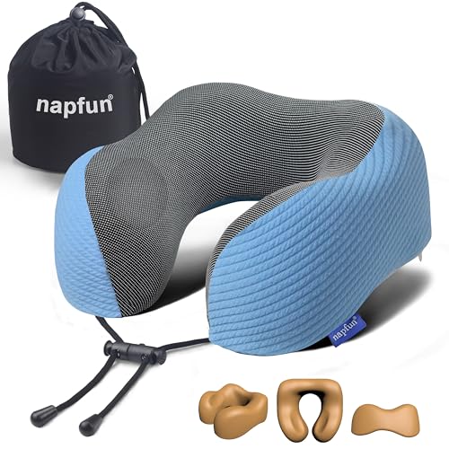napfun Neck Pillow for Traveling, Upgraded Travel Neck Pillow for Airplane 100% Pure Memory Foam Travel Pillow for Flight Headrest Sleep, Portable Plane Accessories, Sky Blue - color: Sky Blue