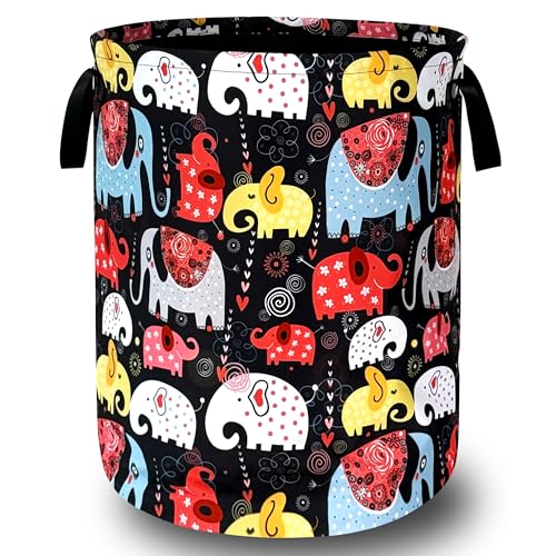 Colorful Elephant Laundry Basket Foldable With Handles Boho Animal Tote Bag Oxford Cloth Funny Laundry Hamper Clothes Storage Bucket Toy Organizer 18.9"x16.5" For Bathroom/Laundry/Bedroom - color: Cute Boho Elephants Print