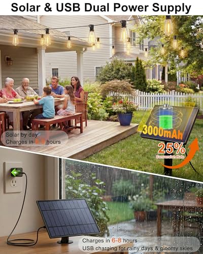 Solar String Lights Outdoor, 54FT(24+1) Patio Lights Waterproof with Remote & USB Port, Dimmable & Timer & 3 Light Modes, ST38 LED Solar Lights for Camping, Backyard, Deck, Garden (2700K) - size: 54FT (24Bulbs)