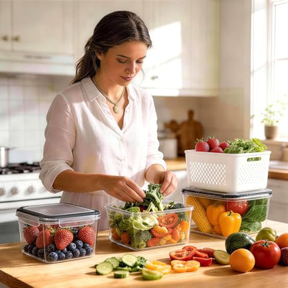 HOMETALL 5 Pack Fruit Storage Containers for Fridge, Plastic Fruit Containers for Fridge with Removable Colanders, Leakproof Fridge Organizers and Storage for Berry Vegetable Salad Lettuce Meat Food - size: 5 Pack