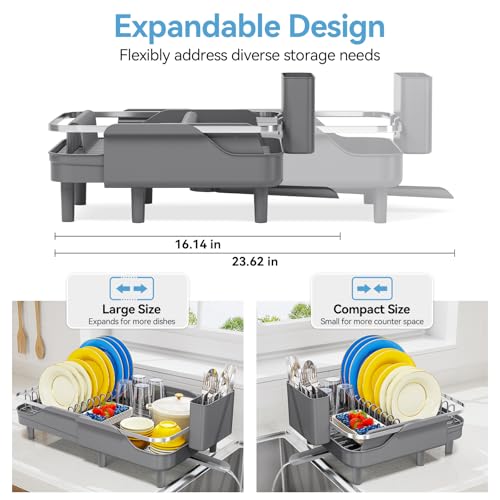 Urackify Dish Drying Rack for Kitchen Counter, Expandable Stainless Steel Dish Racks with Adjustable Water Spout, Space Saving Dish Drainer with Cutlery Holder,16.14"-23.62" L x 12.99" x 8.78",Grey - color: Gray