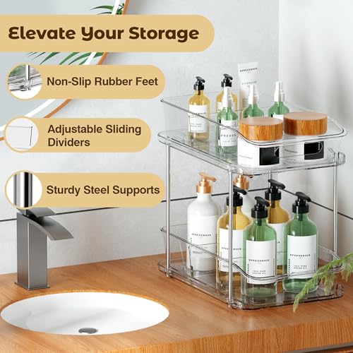 incostar 2 Tier Pull-Out Storage Organizer for Bathroom and Kitchen, Under Sink Organizer with Dividers, Ideal for Organizing Cupboard,Bathroom Vanities,Cabinet, Slide-Out Clear Storage, 4 Pack - style: 4 Pack 2Tier