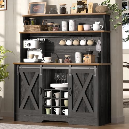 BestHaped Farmhouse Coffee Bar Cabinet with 3 Tier Storage Hutch, 47'' Coffee Bar Station with Sliding Barn Door, Hutch Storage Cabinet with 9 Wine Racks & 9 Hooks for Kitchen Dining Living Room - color: Black, size: 47 Inch