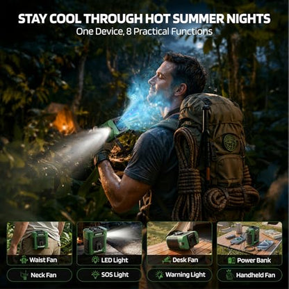 AMKEN Waist Fan, 10000mAh Rechargeable Belt Clip Fan, 59ft/s Airflow, 6-Speed 18500RPM Wearable Cooling with Bottom Air Intake, LED SOS Warning Light, Charge 2 Phones for Jobsite Camping - color: Army Green, size: Light weight