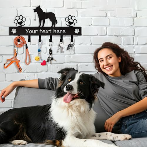 Custom Metal Key Rack Wall Mount with Name, Key Hooks and Dog Leash Holder for Entryway Doorway - color: 02 Dog