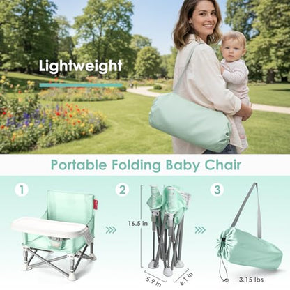 Tiny Marvels Baby Chair, Portable & Foldable for Travel & Beach, Ages 6M-3Y | BPA-Free Material, 3-Point Harness, 3-in-1 Baby Chair, Removable Tray & Carry Bag, Sturdy with Reinforcement, Non-Slip Feet - color: Green