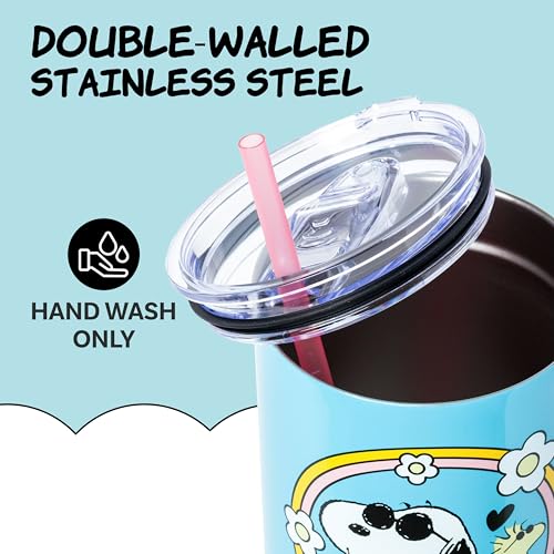 Silver Buffalo Peanuts Featuring Snoopy and Woodstock Feelin' Groovy Double Walled Stainless Steel Tumbler with Handle and Straw, Fits in Standard Cup Holder, 40 Ounces - color: Peanuts Feeling Groovy