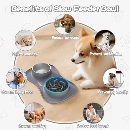 MateeyLife Dog Food and Water Bowl Set 3 in 1, Slow Feeder Dog Bowls & Stainless Steel Water Bowl with Non-Spill Silicone Mat, Cat and Puppy Bowls Pet Dishes for Small Medium Large Breed Anti-Choking - color: Gray, size: Medium