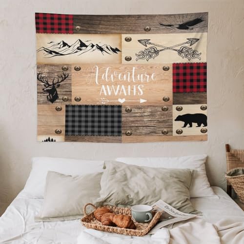 Fblifil Rustic Wooden Vintage Animal Wall Tapestry Farmhouse Cabin Bear Deer Country Retro Cafe Buffalo Plaid Wall Tapestries Hanging for Bedroom Living Room Dorm Party Decor 30x40in - color: Bear-18, size: 40"Wx30"L