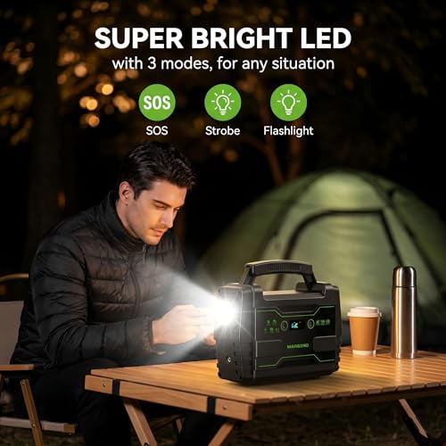 MARBERO Solar Generator 155Wh with 30W Solar Panel Portable Power Station with 2x 100W AC Outlets(Peak 150W), QC3.0 USB UL Certified for Home Blackout, Camping, RV Travel, Ultra-Light & Silent Fan - color: Green Black