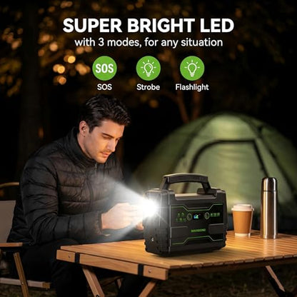 MARBERO Solar Generator 155Wh with 30W Solar Panel Portable Power Station with 2x 100W AC Outlets(Peak 150W), QC3.0 USB UL Certified for Home Blackout, Camping, RV Travel, Ultra-Light & Silent Fan - color: Green Black