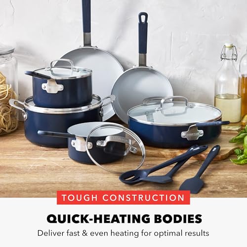 GreenPan x Bobby Flay 13 Piece Nonstick Cookware Pots and Pans Set, PFAS-Free Diamond Ceramic, Induction Suitable, Easy Clean Dishwasher & Oven Safe, Stay-Cool Silicone Handles, Glass Lids, Navy Blue - color: Navy Blue