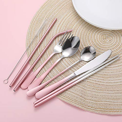 Travel Utensils,Reusable Silverware Set To Go Portable Cutlery Set with a Waterproof Carrying Case for Lunch Boxes Workplace Camping Picnic (GraPink) - color: Gradient Pink + TeaSpoon