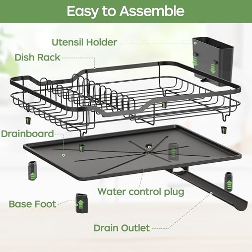 ROTTOGOON Dish Drying Rack, Stainless Steel Rustproof Dish Rack for Kitchen Counter, Sturdy Dish Drainer with Drainboard, Drainage, Utensil Holder for Various Kitchenware, 16.2"(L) x 12.6"(W), Black