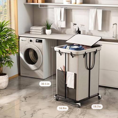 40 Gal Large Laundry Hamper with Lid, Rolling Laundry Basket with Wheels, Oxford Fabric Dirty Clothes Hampers with Removable Laundry Bag & Metal Frame for Bedroom, Laundry Room, Bathroom, Dorm(White) - color: White-2