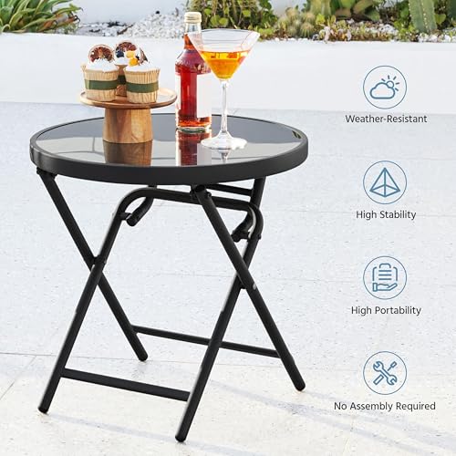 Yaheetech Outdoor Folding Side Table, Round Patio Folding End Table with Silk Tempered Glass Tabletop, Portable Small Garden Bistro Table for Garden Balcony Porch Deck, Black