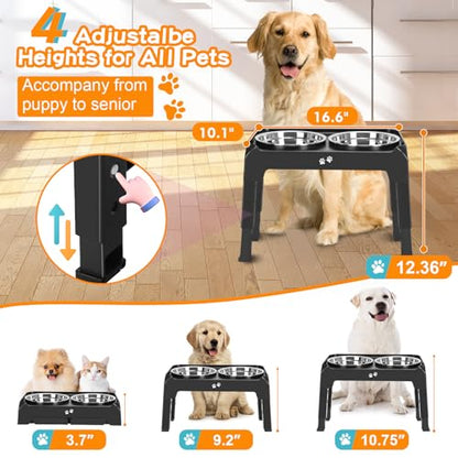 COMESOON Elevated Dog Bowls, 4 Height Adjustable Raised Bowl Stand with 2 Thick 50oz Stainless Steel Food Bowls Non-Slip Feeder Adjusts to 3.7'', 9.2'', 10.75'', 12.36'' Black, (DB-W01) - color: Black, size: 8" for Medium Dogs
