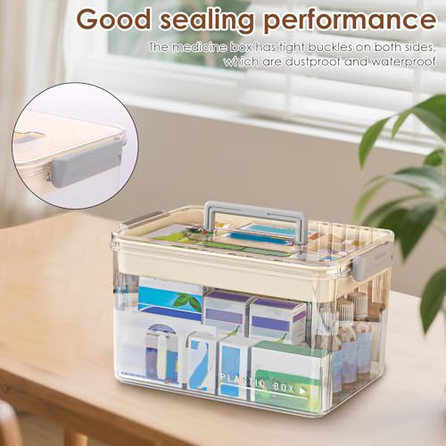 Medicine Organizer Storage Box with Handle, Clear Plastic First Aid Kit Organizer, Portable Multipurpose Emergency Supplies Container with Removable Tray for Home Office, Waterproof (Clear)