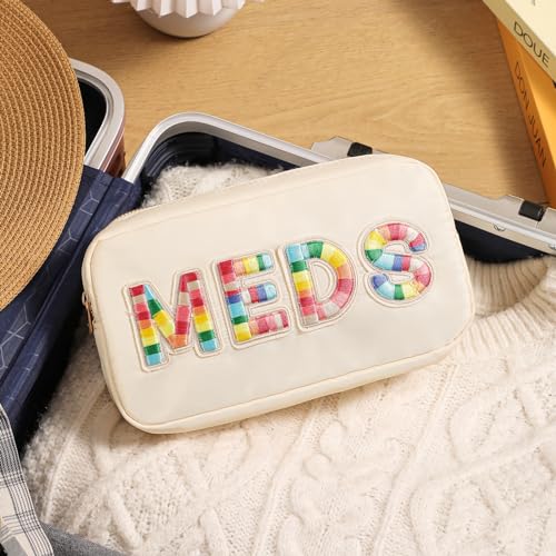 Chenille Letter Patch Nylon Medicine Packages,Cute MEDS Travel Makeup Bag with Metal Zipper, First Aid Purse Organizer Cosmetic Bag for Women and Girls(01Beige) - color: 01Beige