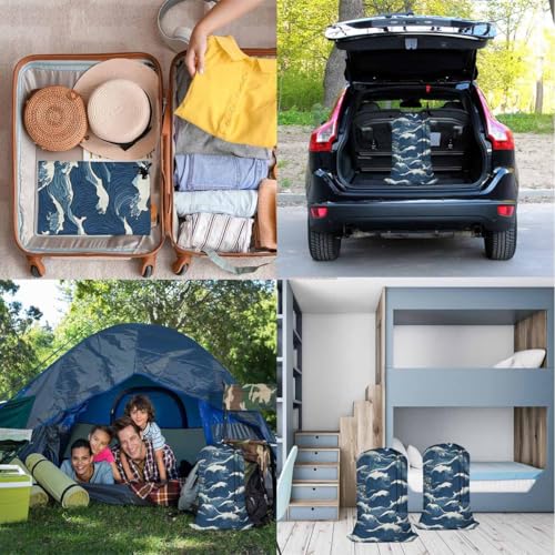 Swono Wave Large Collapsible Laundry Bag - Surf Sea Cartoon Blue White Foldable Hamper, Football Grid Oxford Cloth, Holds 4 Loads, Ocean Theme - color: Wave