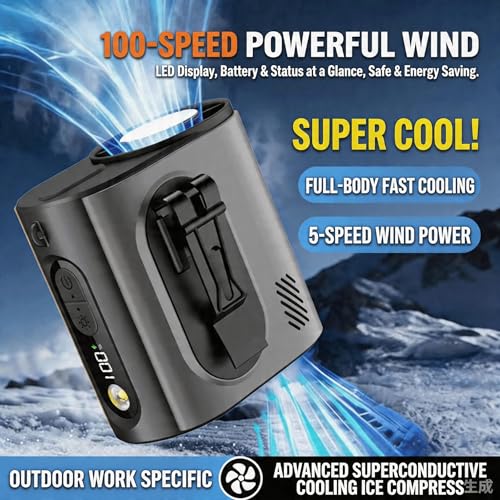 2026 AI Wearable Waist/Neck Hanging Fan,with Ice Cooler & Flashlight,10000mAh Rechargeable Clip On Belt Cooling Fan, 100-Speed 16000RPM Personal Body Fan,25H Work Time for Outdoor, Jobsite,Camping - color: Black