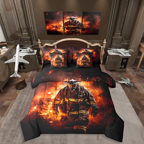 Castle Fairy Firefighter Comforter Set Bed in a Bag 7 Pieces Full,Fire Fighting Flames Boys Men Bedding Set,Realistic Fire 3D Pattern (Comforter+Fitted+Flat Sheet+2 Pillowcases+2 Throw Pillow Covers) - color: Black Orange, size: Full