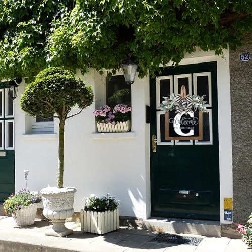 Last Name All Year Round Front Door Wreath with 26 Initial Letter Welcome Sign All Seasons Eucalyptus Garland and Bow ，Farmhouse, Porch, for Spring Summer Fall All Seasons Holiday Halloween Christmas.（C） - color: C