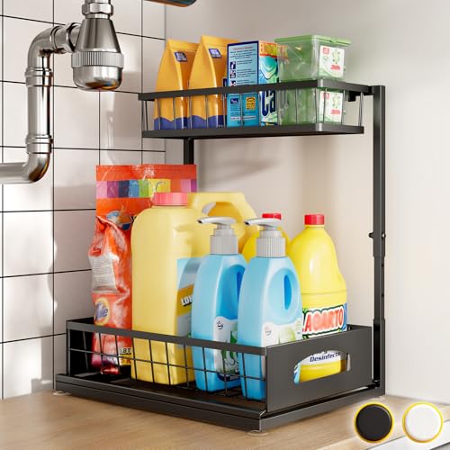 Under Sink Organizer, Cabinet Organizer for Kitchen, Height Adjustable Pull Out Heavy Duty 2 Tier Metal Under Sink Storage for Bathroom Pantry (Black, 1 Pack) - color: Black, size: 1 Pack