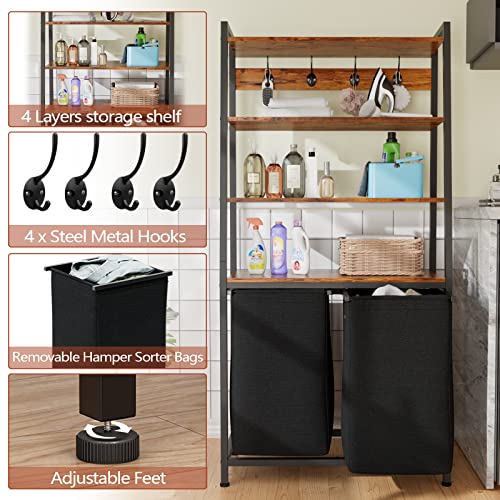 Furnulem 4 Tiers Laundry Hamper with Shelf and Hooks, Tall Laundry Basket Sorter with 2 Removable Bags, Double Clothes Hampers Organizers for Bathroom Bedroom
