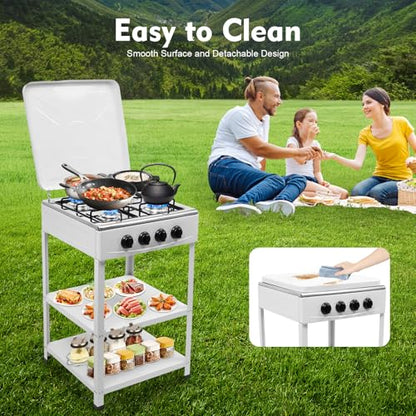 4 Burner Gas Stove Set with Support Leg Stand, Portable Natural Gas Stove with 4 Burners, Camping Cookware Set for Outdoor Cooking Camping (Without connecting hose) (White)