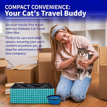Pet Fit For Life - Vibrant Collapsible Travel Cat Litter Box - Portable, Foldable, Compact Design with Bonus Water Bowl - Ideal for Car & Camping - Reusable, Cats Safe - Teal, (16"x12"x5") - color: Teal