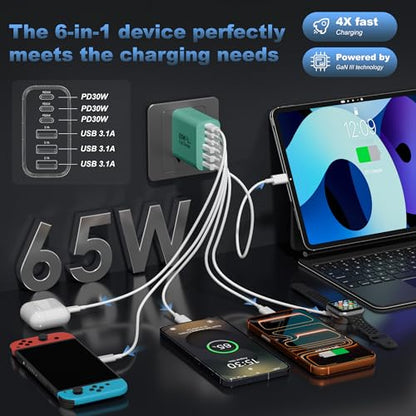 65W USB C Charger Block,6-Port Multi Device Fast Charger PD QC Wall Adapter | GaN technology saves space and reduces heat,ideal for home,office,travel,wide compatibility for iphone and USBC devices（Green - color: Green