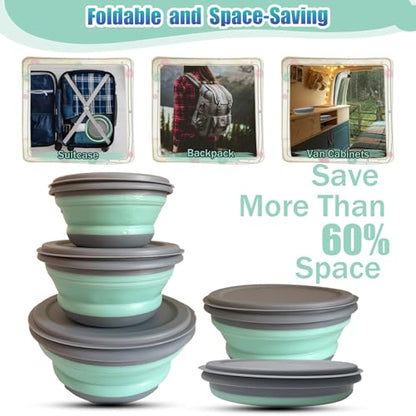 Collapsible Camping Bowl with Lid, Silicone Salad Bowl Serving, Microwave Foldable Soup Ramen Serving for Travel, Picnic, Rv(Blue) - color: Blue