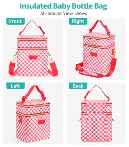 PIIOSER Breastmilk Cooler Bag with Ice Pack, Fits 6 Baby Bottles Up to 9 Oz, Stylish Baby Cooler Travel Bags with Shoulder Strap, Double Deck & Leakproof for Nursing & Working Mom-Red & White Striped - color: Red & White
