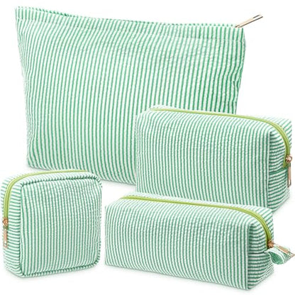Sanwuta 4 Pcs Seersucker Pouch Cosmetic Bag Set Seersucker Makeup Bag Women Stripe Large Travel Toiletry Organizer Aesthetic Preppy Storage for Embroidery Women Bridesmaid Gifts(Green) - color: Green