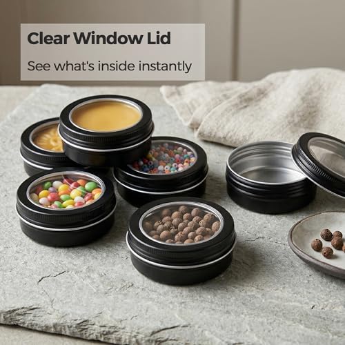 2 oz (60ml) Black Aluminum Tins with Clear Lids and Labels, 24 Pack | Clear View Lid, Secure Packaging, Tight Screw Lids, Includes Blank Labels, 11 Color Options - color: Black