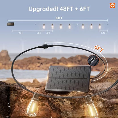 addlon 54FT(48+6) Solar String Lights Outdoor Waterproof with USB Port & Remote Control Dimmable Solar Patio Lights IP65 Solar Powered Edison LED Bulbs for Outside Bistro Camping - size: 54FT