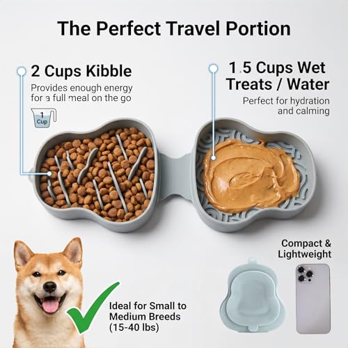 Collapsible Dog Travel Bowl with Lid, Portable Slow Feeder & Lick Mat Combo, Mess-Free Clamshell Silicone Water Dish for Hiking (Bluish) - color: bluish