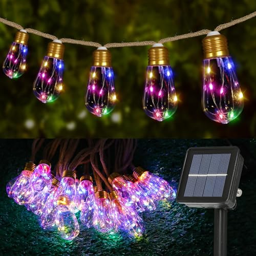Solar Outdoor String Lights 24FT Vintage Rope Hemp Solar Lights with 20 Shatterproof Bulbs,8 Modes Solar Powered String Lights with Memory Function, Waterproof for Garden,Camping,Café(Multicolor) - color: Multicolor, size: 24ft