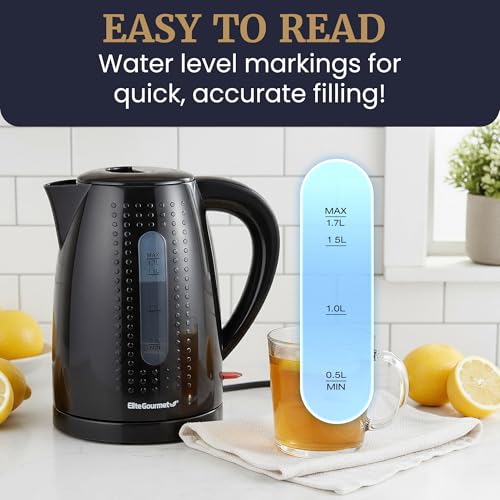 Elite Gourmet EKT5051 1.7L Electric Water Kettle, BPA-Free, Fast Boil, Auto Shut-Off, Boil-dry Protection, 360° Swivel Base with Cordless Serving, Clear-view Window with Water Level Markings, Black - color: Black